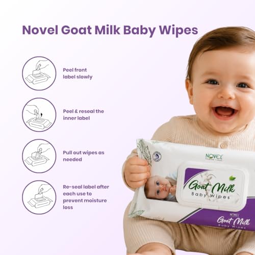 Image of Novel Goat Milk Baby Wipes 72 Wipes x Pack of 6 (432 Wipes) | Caprae Lac, Aloe Vera, Vitamin E Enriched | pH Balanced, Alcohol, Hypoallergenic & Paraben-Free | Extra Thick & Moist wet | Anti Rash Soft Gentle Baby Wipes with Lid