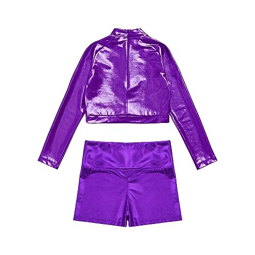 FEESHOW Kids Girls 2 Piece Metallic Ballet Dance Gymnastics Leotard Outfit Yourth Sequins Crop Top with Shorts Set4