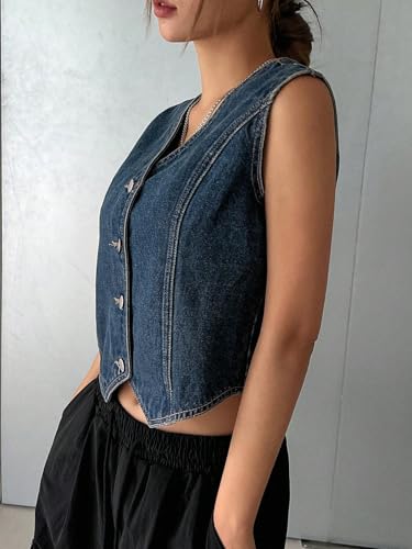 OYOANGLE Women's Denim Vest Button Down Sleeveless V Neck Jean Waistcoat Jackets3