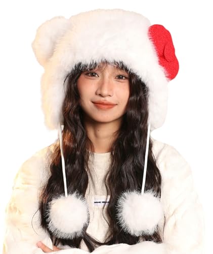 Pocadri Womens Winter Fluffy Faux Fur Trapper Hat Cute Cartoon Ear Beanie Cap Fleece Snow Hat with Earflap Festival Gifts