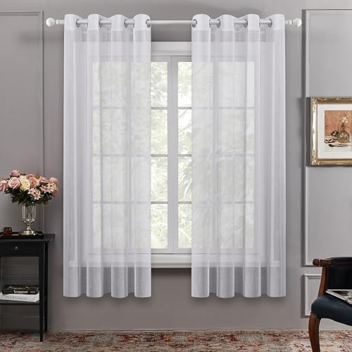Deconovo Cortinas Salon de Lino Visillos Blancos Semi Transparentes Cortinas Dormitorio Habitacion 2 Piezas Cortinas Blancas con Ojales 140x215cm