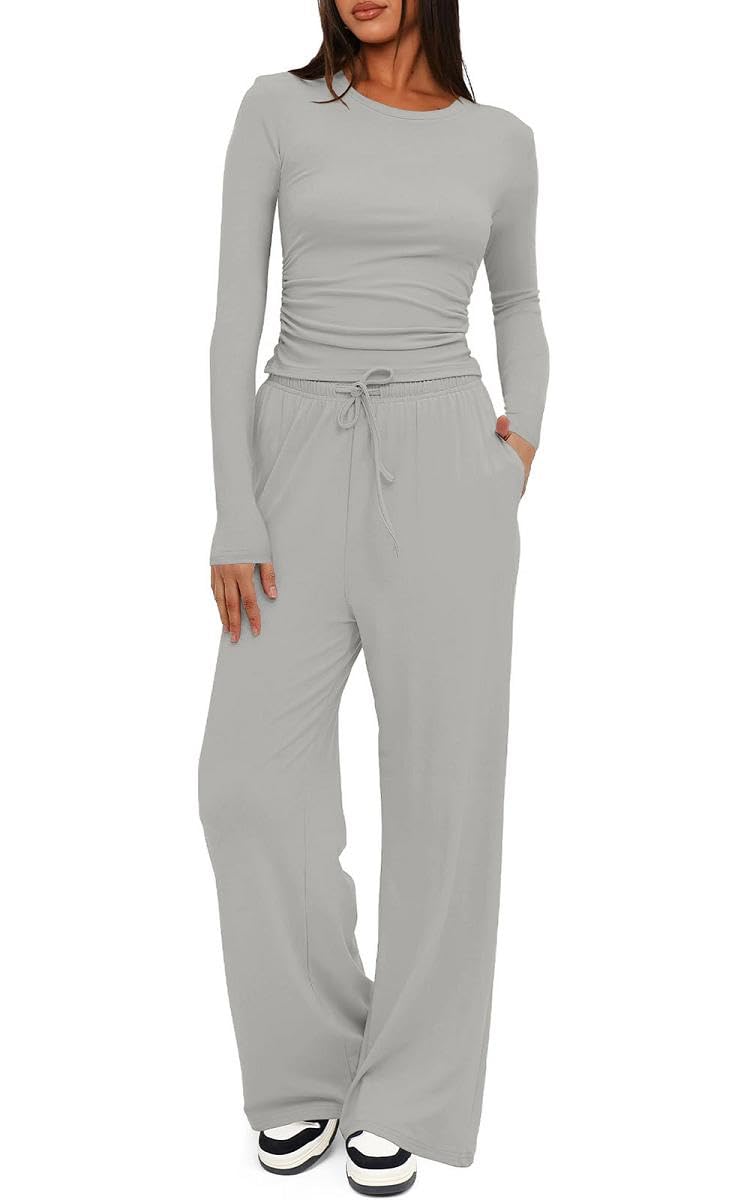 Joligiao Trainingspak voor dames, loungewear Co Ord, 2-delige sets outfit met lange mouwen en ruches en hoge elastische taille, brede rechte pijpen, broek met trekkoord zakken, yoga, gym, joggingbroek Joligiao Trainingspak voor dames, loungewear Co Ord, 2-delige sets outfit met lange mouwen en ruches en hoge elastische taille, brede rechte pijpen, broek met trekkoord zakken, yoga, gym, joggingbroek