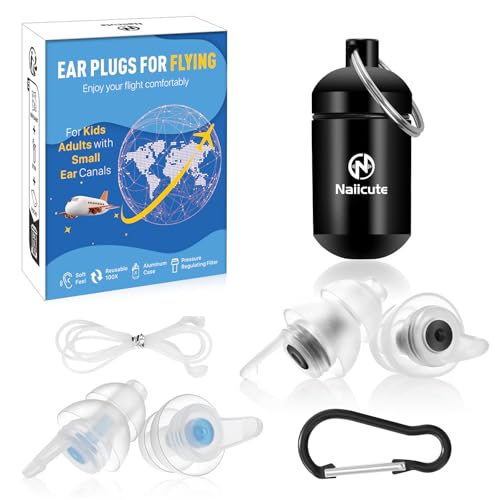 Naiicute Ear Plugs for Flying Air Pressure Regulating Earplugs Prevent Ear-Pain & Noise Reducing 25 dB Reusable Soft Plane Earbuds for Adult/Child 12YRS+ Airplane Travel Essentials 2 Pair Size M