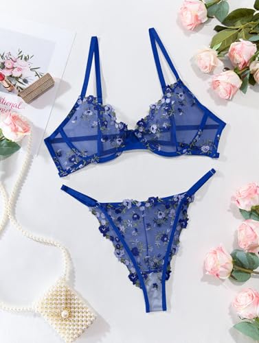 Image of Lilosy Sexy Floral Embroidered Mesh Sheer Underwire Lingerie Set