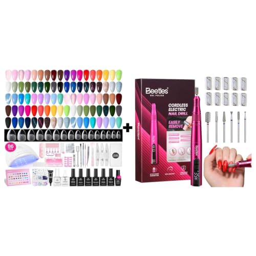 Beetles Gel Nail Polish Kit with U V Light and Nail Tips -86Pcs 45 Colors & Electric Nail Drill Kit, 6 Drill Bit 0-15000 RPM Cordless Nail File