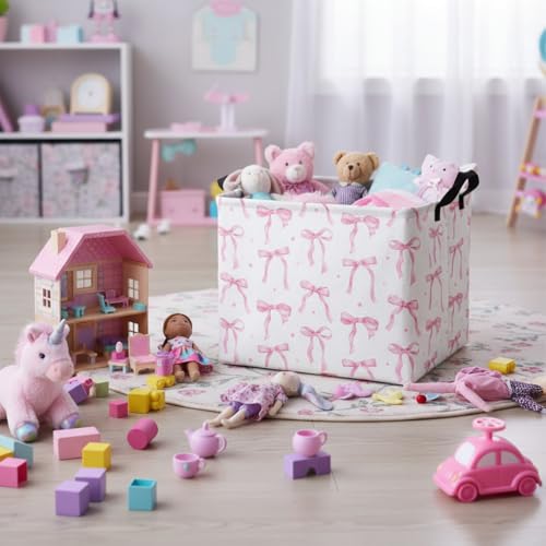Image of Rectangular Baby Kids Storage Basket for Home Kitchen Girls Cute Toy Storage Bin Organizer Shelf Book Room Decor(Dot Bowknot)