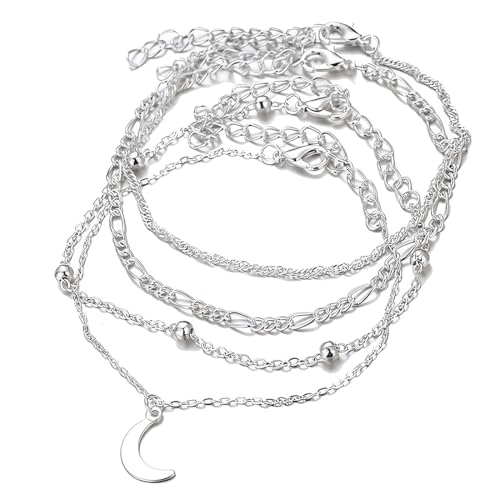 Cavigliera in acciaio inossidabile per donna, 4 pezzi Cavigliere con perline Boho Cavigliere con catena in argento,...