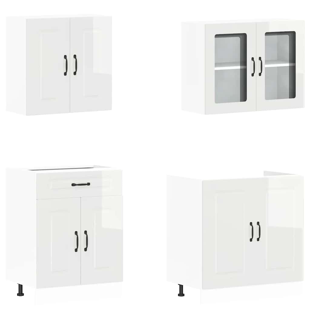 Kalmar - Set di mobili da cucina in legno bianco lucido, 4 pezzi, con vano portaoggetti, pensili, vetrine per cucina, dispensa, sala da pranzo, piano di lavoro, microonde, credenza