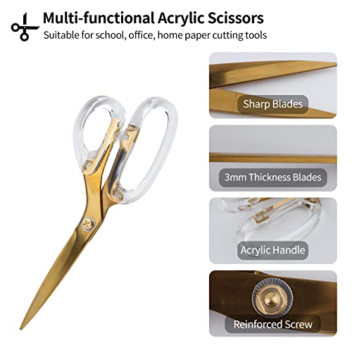 Creechwa Gold Acrylic Craft Scissors, 8'' Multipurpose Stylish Scissors, Stainless Steel Paper Cutting Tool With Clear Acrylic Handle, Craft Supplies For Office, Arts, Home, School, Sewing Fabric #TOP2