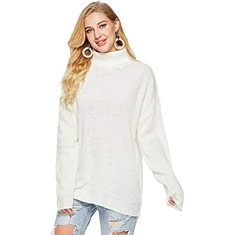 Ketamyy Women's Knitted Jumpers Turtleneck Knit Solid Color/Striped Long Sleeve Casual Loose Oversized Mid-Length Soft Winter Pullover Sweater Tops Knitwear White M Cover