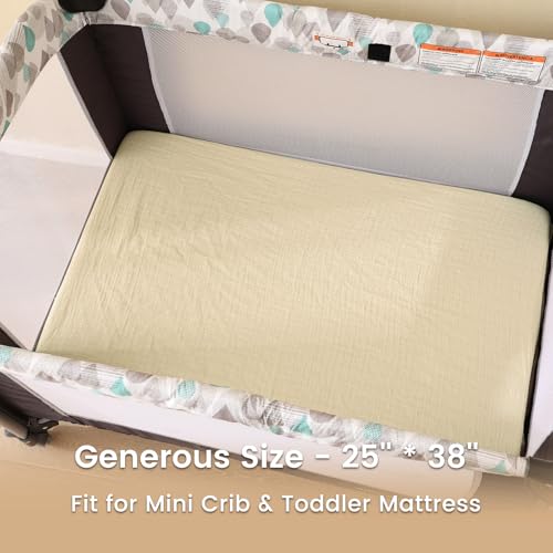 Image of david's kids Muslin Mini Crib Sheets, 2 Pack Cotton Pack N Play Sheets for Boys Girls Neutral, Soft Breathable Baby Sheets Fit Pack N Play, Playard and Mini Crib Mattresses, Beige & Grey