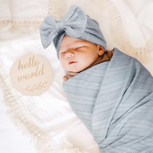 Image of AQOKKA Newborn Receiving Blanket with Bow Hat Mittens Wooden Card Set Wheat-Pattern Newborns Toddler Baby Boy Girl Nursery Swaddle Wrap