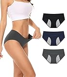 PULIOU Perioden Unterwäsche Damen Baumwolle Menstruation Unterhosen Slip Postpartum Slips Panties Hipsters 3er Pack, Schwarz Blau Grau M