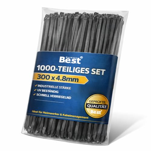 Kabelbinder Schwarz 1000 Stück - 4 8 x 300 mm Reißfest Belastbar & Robust Kunststoff Kabelbinder UV-Beständig Befestigungsbinder Kabelhalter