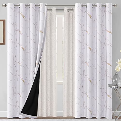 100% Blackout Thermal Insulated Textured Linen Curtain Draperies (Ivory, 2 Panels, 52 x 84 - Inch ) Bundle 100% Blackout Marble Designs Printed Thermal Curtains (Gold , 2 Panels, 52 x 84 - I