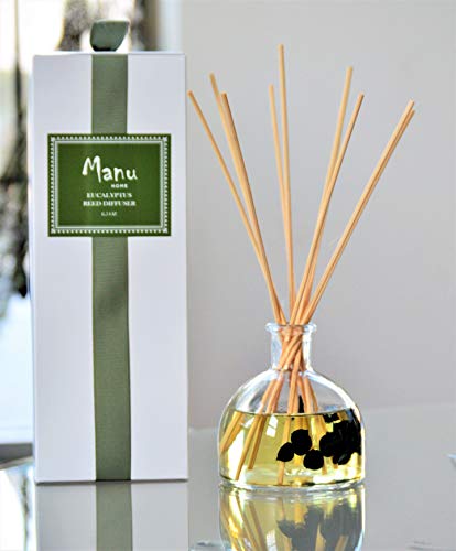 Manu Home Eucalyptus Reed Diffuser - Real Eucalyptus Extract 6.5 oz ~Uniquely Fresh and Cleansing, The Eucalyptus Reed Diffuser radiates Warmth and Vitality~ Proudly Made in The USA