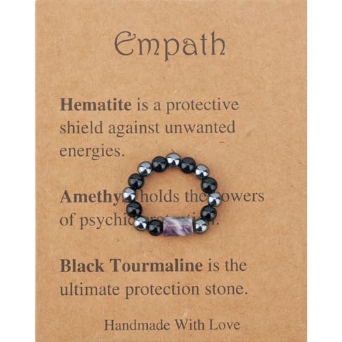 Mikovivi Crystal Rings Spiritual Protection Ring with Card Purple Black Natural Gem Stone Adjustable Stretch Finger Gemstone Jewelry Fashion Lucky Gift for Birthday Office Home