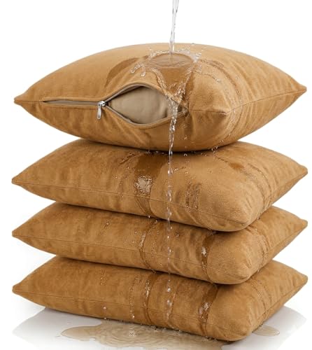 Image of Waterproof Terry Cotton Pillow Protector Cover with Zippered Closure | 18X28 Inch Standard Size Pillow Cover, Set of 4 | Dustproof Bedding Pillowcase for Protection (Beige)