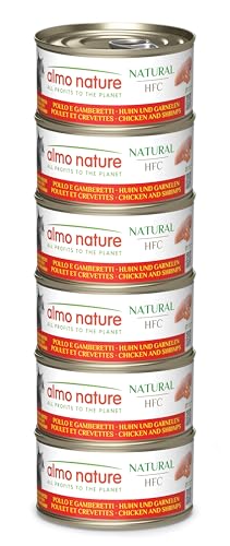 Almo Nature HFC Natural - Nassfutter für ausgewachsene Katzen - Huhn & Garnelen - Human Grade, Glutenfrei - 6 x 70g