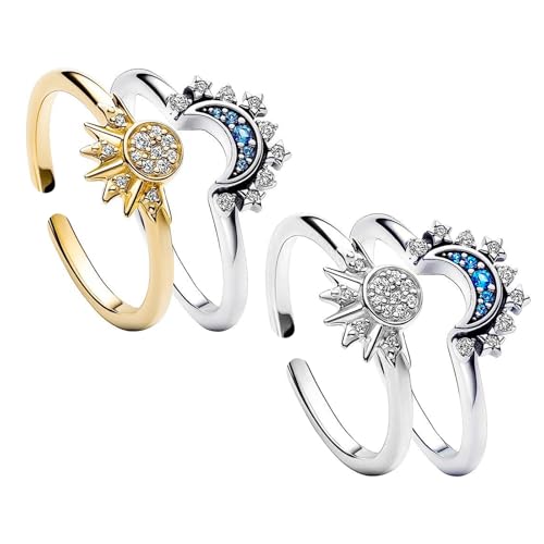 XSDSLS 4 Pièces Bague Lune Soleil Kit Empilable Réglables Bagues Motif Lune Soleil Scintillant Anneaux Ouvert Promesse Couple Bague d'amitié Cadeau pour...