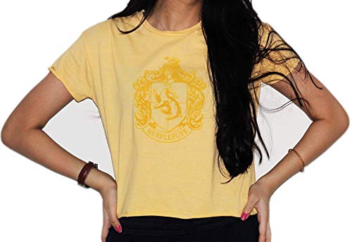 Licensed Harry Potter Hufflepuff Womens Crop T-Shirt Yellow Graphic Tee with House Crest & Just and Loyal Quote | Official Hogwarts Apparel for Ladies & Girls (M)