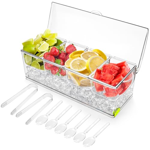 Jucoan Large Ice Chilled Condiment Server with Lid, 4 Compartments Chilled Condiment Caddy, Bar Garnish Serving Platter Holder Tray for Mimosa Taco Salad Bar, 2 Tongs, 6 Forks