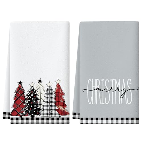 Artscope Lot de 2 Noël Torchons de Cuisine 45 x 66cm Torchon de Vaisselle Décoration Hivernale Cuisine Arbre de Noël Noir et Blanc Deco Serviettes