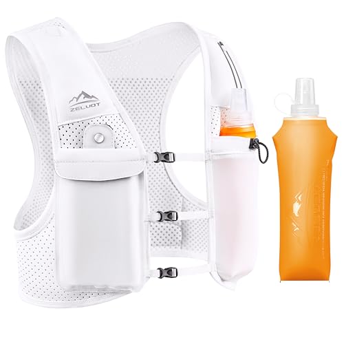 Zelvot Chaleco Hidratacion Trail Running con 500ml Soft Flask, Patente Original Europea, Correas de Pecho Ajustables Chaleco Running, Ligero Mochila Hidratacion para Ciclismo Carrera (Blanco, M/L)