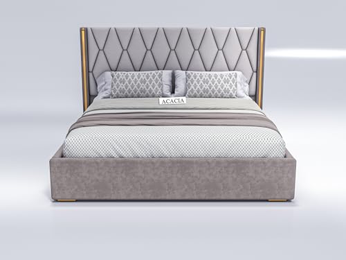 Image of Acacia Modern Upholstered Queen Size Bed with Hydraulic Storage for Bedroom | Wooden Double Beds for Home & Hotels | Platform Cot Bed with Upholstery Fabric, 6.5 x 5 Ft, Sheesham Wood, White-Brown