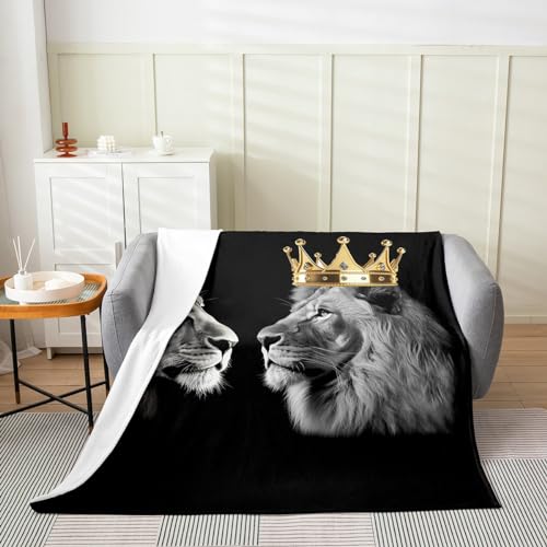 Castle Fairy Wild Lion Couple All Season Bed Blanket,Gold King and Queen Crown Fleece Throw Blanket for Kids Teens Boys Girls,Tropical African Animal Plush Blanket Couch Sofa Decor, Twin 60