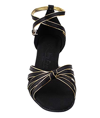Very Fine Dance Shoes - Ladies Practice, Cuban Low Heel Ballroom Dance Shoes - SERA7043-1.2-inch Heel and Foldable Brush Bundle - Black Satin - Gold Trim - 8.54
