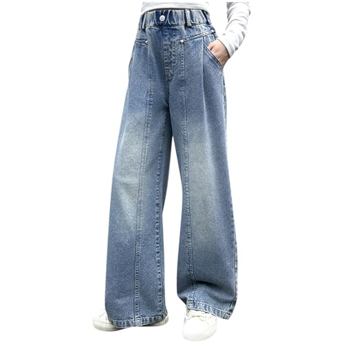 Girls Cute Wide Leg Baggy Jeans Kids High Elastic Waisted Denim Trousers Casual Y2k Trendy Streetwear 5-16 Years Teen