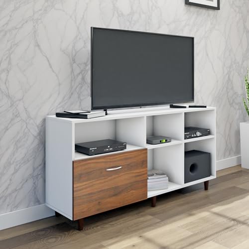 Image of VIKI Modern TV Unit for Living Room | Engineered Wood TV Cabinet with 1 Drawer Storage & 3 Open Shelves, Entertainment Unit, 140W x 74H x 40D cm | DIY | 1 Year Warranty (White & Walnut)