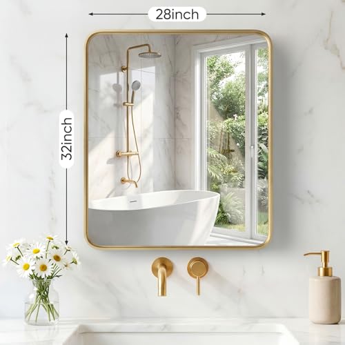 Image of Sweetcrispy Bathroom Mirror 32x28 Inch Metal Framed Rounded Rectangle Vanity Mirror for Wall, Over Sink, Farmhouse, Restroom, Anti-Rust, Modern Decorative, Horizontal or Vertical Hanging, Gold