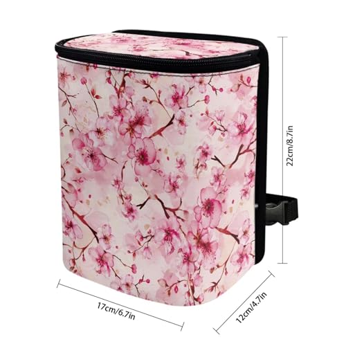 Image of KEIAHUAN Pink Cherry Blossom Car Trash Can Bin for Back Seat with Lid Cute Trash Bag Hanging Removable Storage Bag Large Capacity Car Interior Accessories