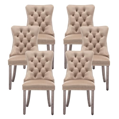 Image of Velvet Dining Chairs, Tufted Kitchen & Dining Room Chairs, Khaki, Set of 6