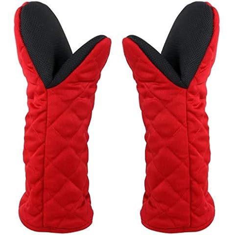 Oven Gloves Heat Resistant Gauntlet Long Oven Mitts Rubber Cotton Soft Hot Heat Proof for Kitchen Cooking Chef Home BBQ Grilling Baking Pizza Microwave Oven Double Pair for Women Mother Mum 500℉(Red) Cover