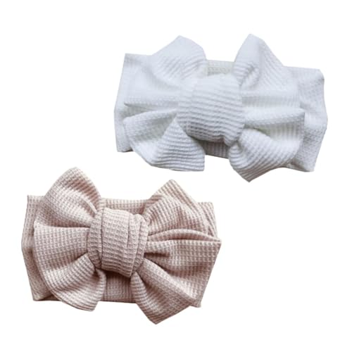 2Pcs Newborn Elastic Hair Bow Headband for Soft Waffle Knit Comfortable Hair Ornament in White and Beige Stylish and Gentle Skin