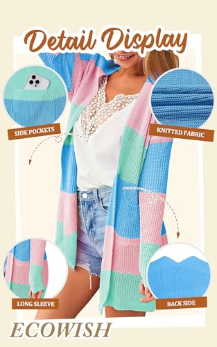 Image of ECOWISH Women Cardigan Sweaters Long Kimono Striped Long Sleeve Open Front Color Block Cozy Knitted Coat Outwear Winter Fall