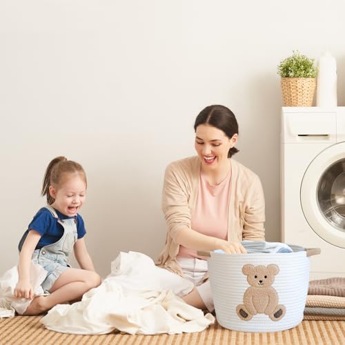 Image of Cotton Rope Basket Toy Storage Baskets for kids Laundry Hamper, Gift Basket Empty Baby Shower Baskets with Handles, Cute Bins Blanket Stuffed Animal Storage for Nursery, Living Room Decor, Bear