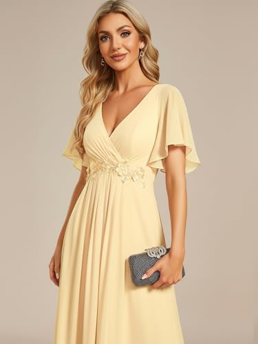 Image of Ever-Pretty Women's Spring Short Sleeve Bridesmaid Dresses V-Neck Chiffon Ruched Empire Waist Appliques Long Formal Dress