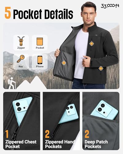 33,000ft Softshelljacke für Herren Wasserdichte Übergangsjacke Fleece Gefütterte Winddichte Outdoorjacke Funktionsjacke für Outdoor Freizeit Schwarz M