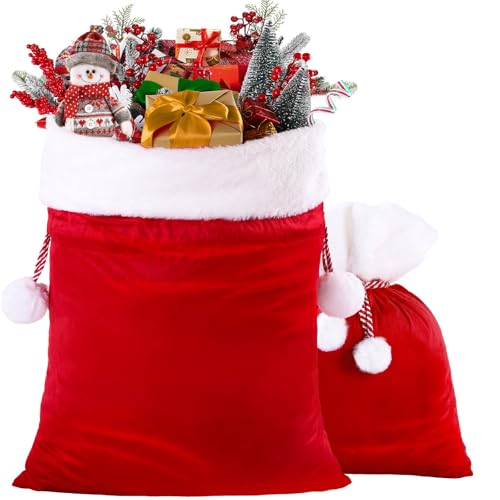 JOLCEEY 2pcs Christmas Velvet Santa Bags Xmas Large Red Santa Gift Bags Sack Xmas Present Wrapping Pouch with Drawstring for Christmas Party Indoor Decoration