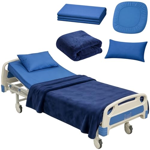 Image of Care Bed Sheets Set 4 Pcs - 36 inchx80 inch Fitted Sheet, Flat Sheet, Pillowcase & Blanket - Twin XL Hospital Style Sheets for Home or Adjustable Beds (Navy Blue)
