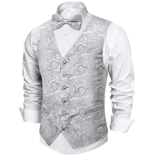 Image of DiBanGu Mens Paisley Suit Waistcoat,Silk Dress Vest and Bowtie Pocket Square Cufflinks with Lapel Pin Set for Wedding Tuxedo