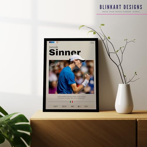 Image of BLINKART Jannik Sinner | Tennis Player | Synthetic Wood Photo Framed Wall Hanging Poster For Room & Office Bedroom Living Boys And Girl Room Home Wall Hanging | 12x18 Inches