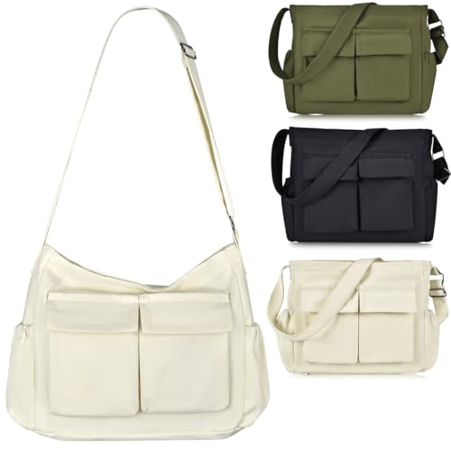 Canvas Messenger Bag Large Hobo Crossbody Bag with Multiple Pockets, Vintage Messenger Shoulder Bag for Men Women