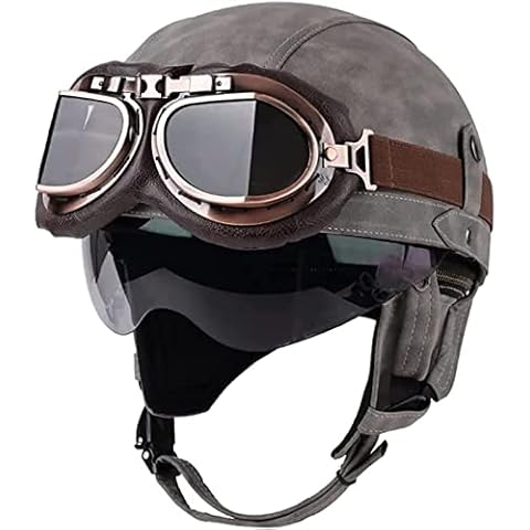 ZGFHTY Retro Leather Half Helmet with Goggles Motorcycle Jet Helmet Detachable Scarf Skull Cap Helmet Scoop Helmet Crash Open-face Helmet DOT Certification Men Women Moped Scooter 6,L(59-60CM) Cover