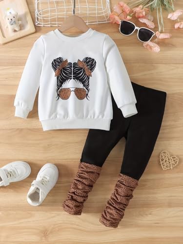 Image of OLMRJKD Kids Toddler Girls Clothes Figure Graphic Drop Shoulder Top Pullover Spotted Print Pants Fall Winter Outfit Set