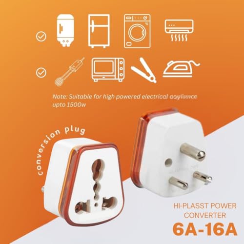 Image of HI-PLASST 6a to 16a Converter Plug | 6 amp to 16 amps Converter Plugs Useful for 16a Extension Board with16 amp Socket and 16 Ampere Plug Top,for A /C,Refrigrator,etc,230 Volt AC.(Orange,3 Pieces)